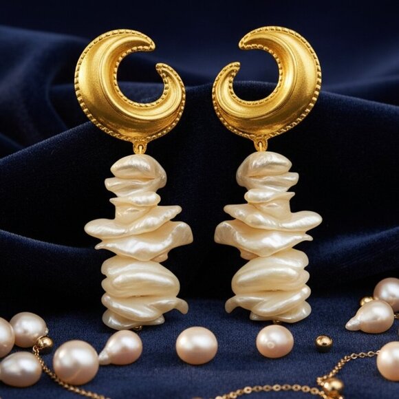 Crescent Moon Earrings with Baroque Pearls 18K Gold Plated Statement Jewelry - Picture 8 of 12